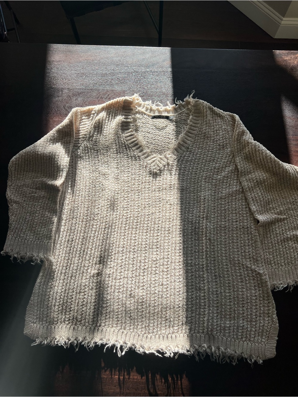 NIC+ZOE Ivory Open Knit Distressed Fringe Sweater Size L 3/4 Sleeve
